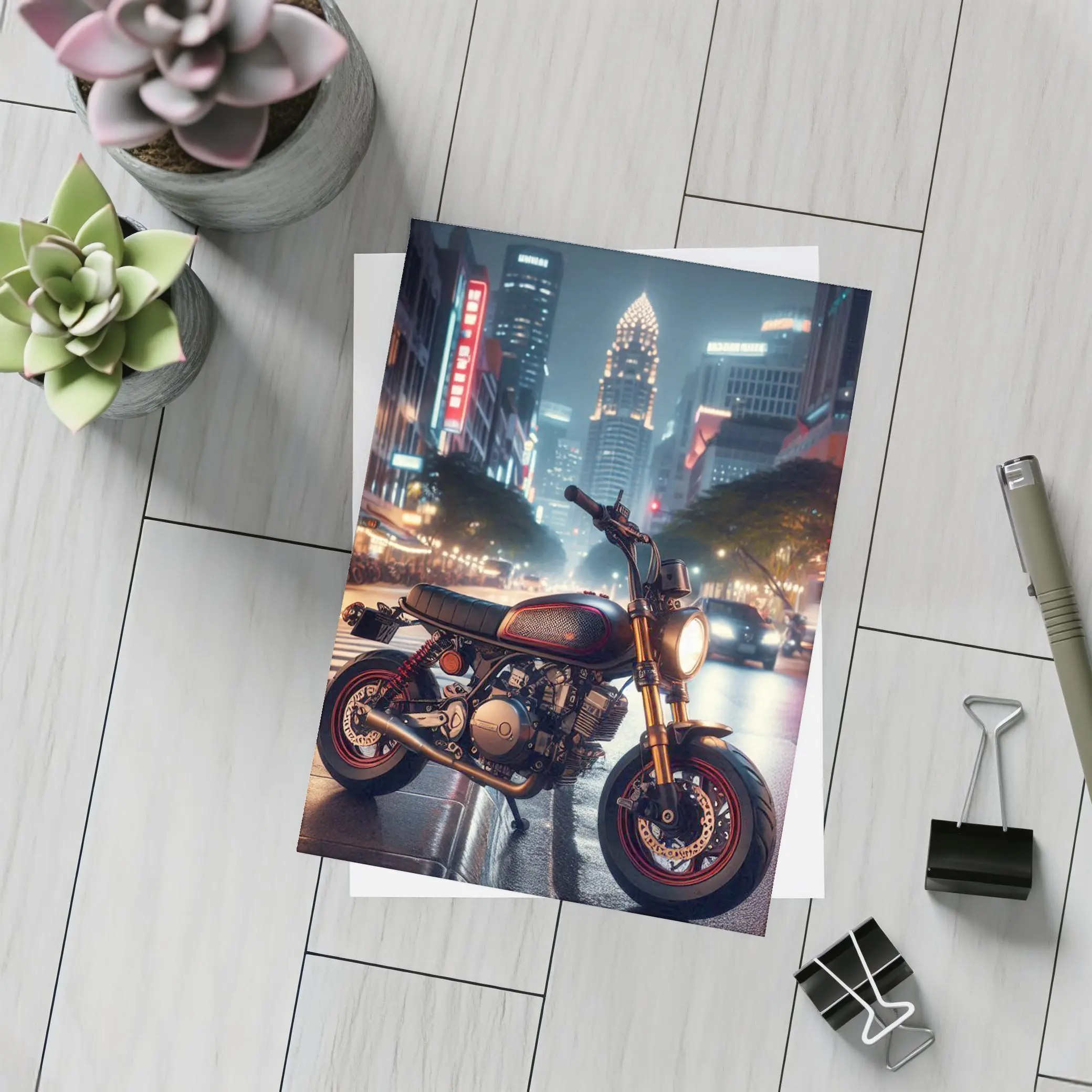 Cafe Racer Motorcycle Glowing City Night Street – Postcards