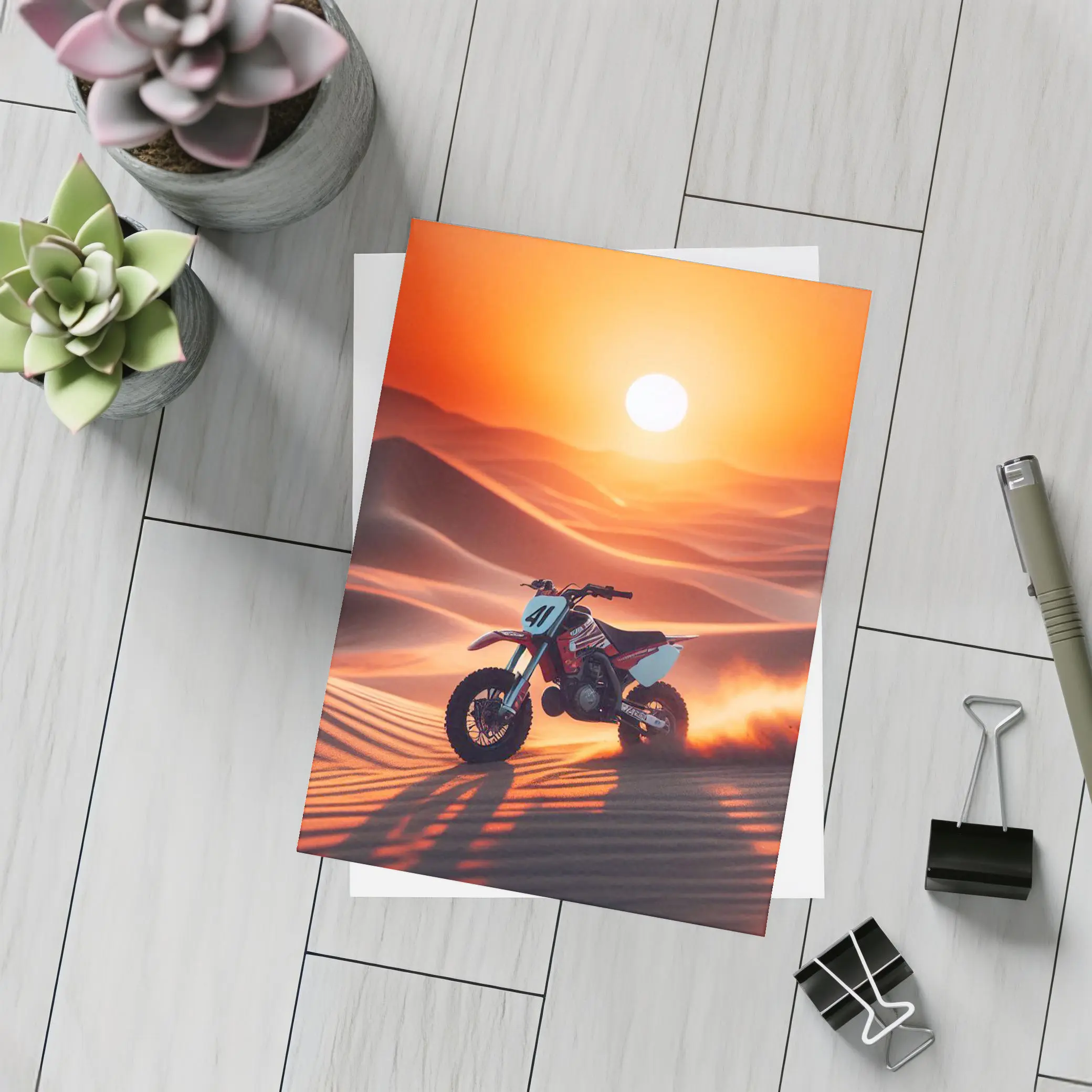 Dirt Bike Riding Desert Dunes Sunset – Postcards