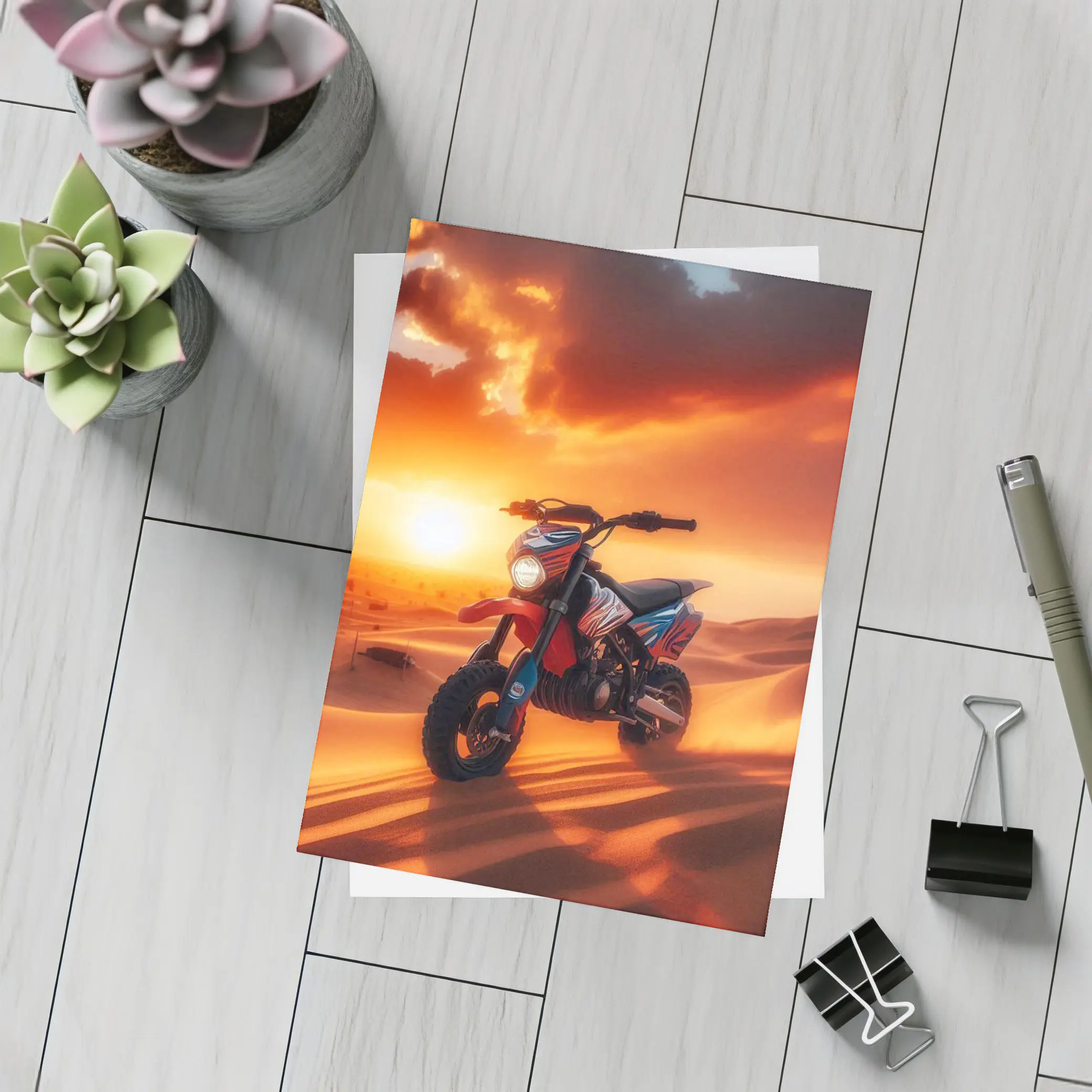 Dirt Bike On Desert Dunes Sunset – Postcards