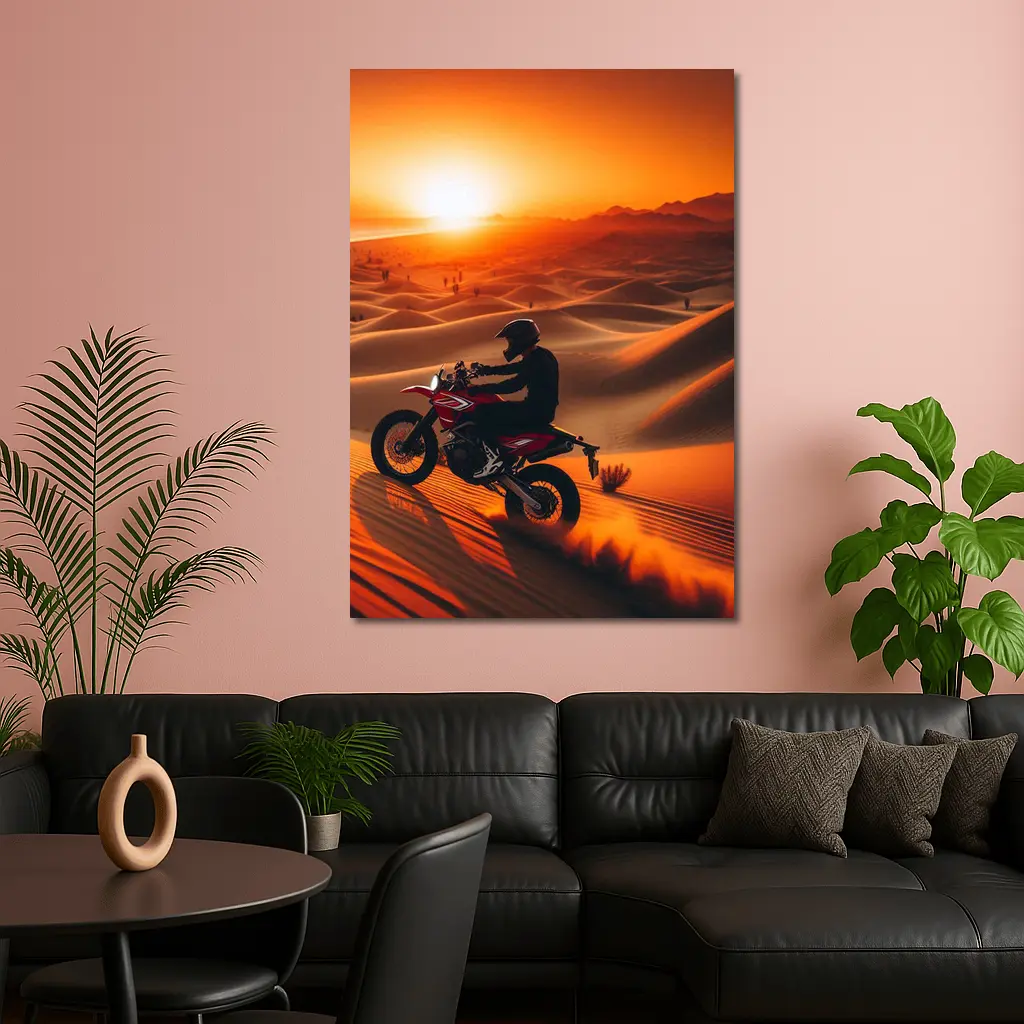 Motocross Rider Drifting Desert Sand Dunes Sunset – Wall Art