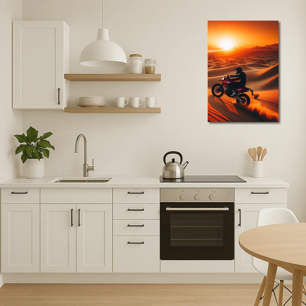Motocross Rider Drifting Desert Sand Dunes Sunset – Wall Art