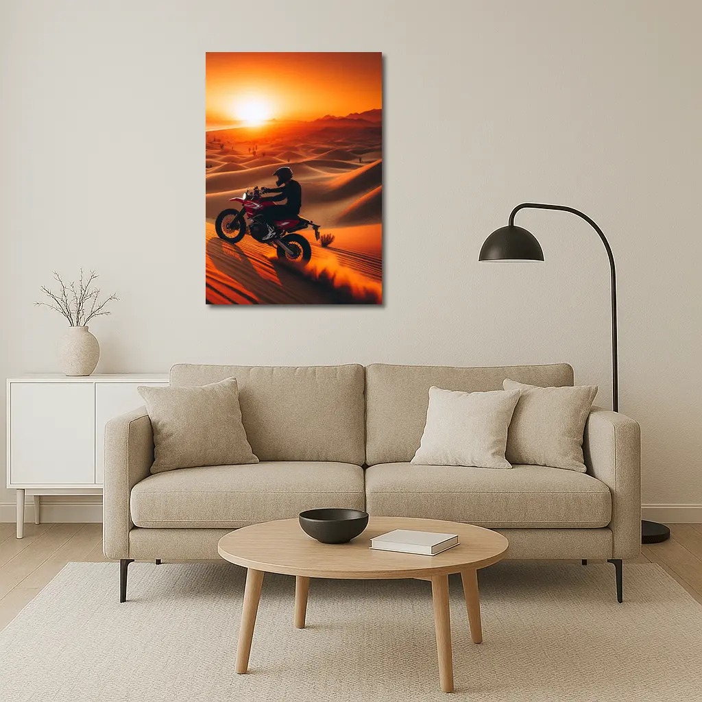 Motocross Rider Drifting Desert Sand Dunes Sunset – Wall Art