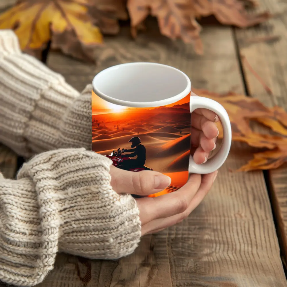 Motocross Rider Drifting Desert Sand Dunes Sunset – Mugs