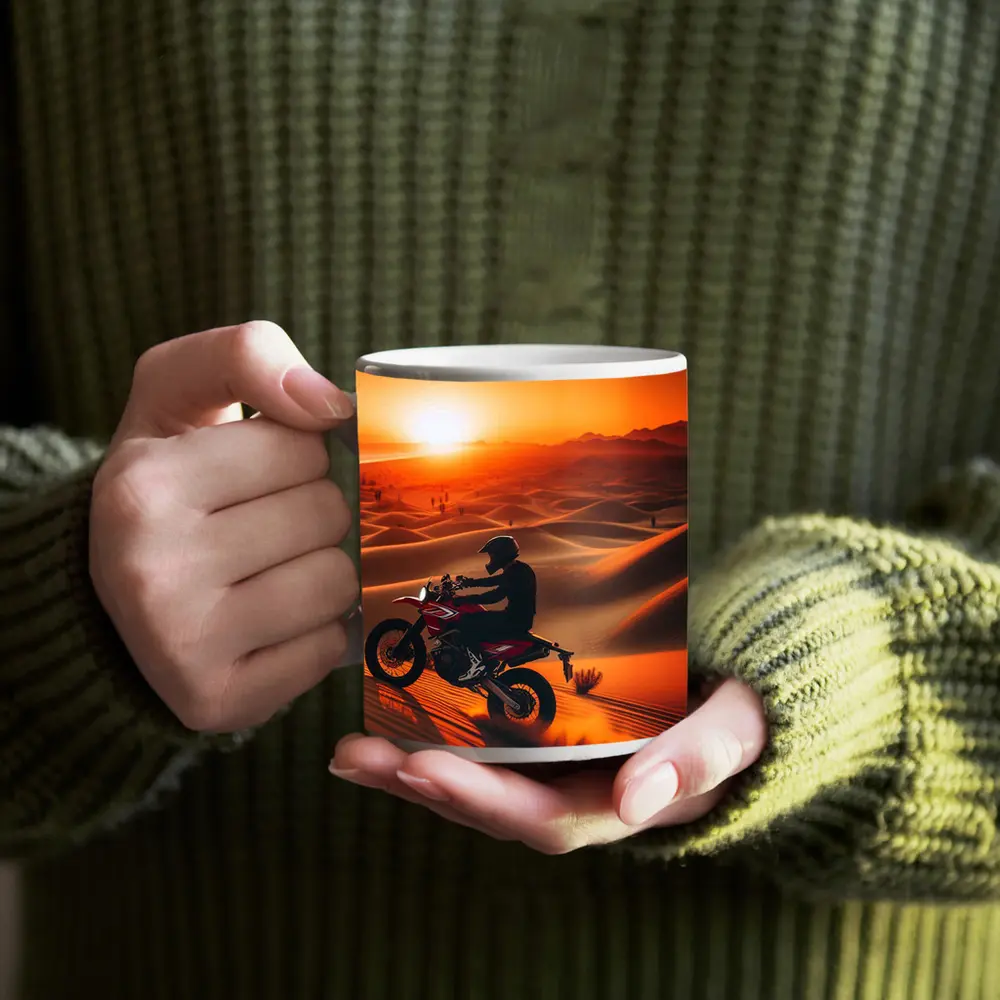 Motocross Rider Drifting Desert Sand Dunes Sunset – Mugs