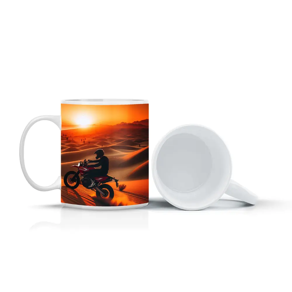 Motocross Rider Drifting Desert Sand Dunes Sunset – Mugs