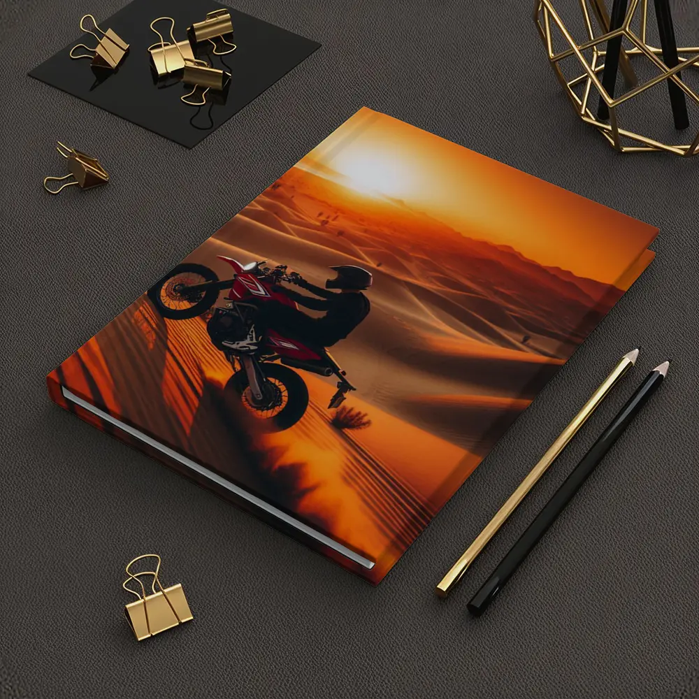 Motocross Rider Drifting Desert Sand Dunes Sunset – Notebooks