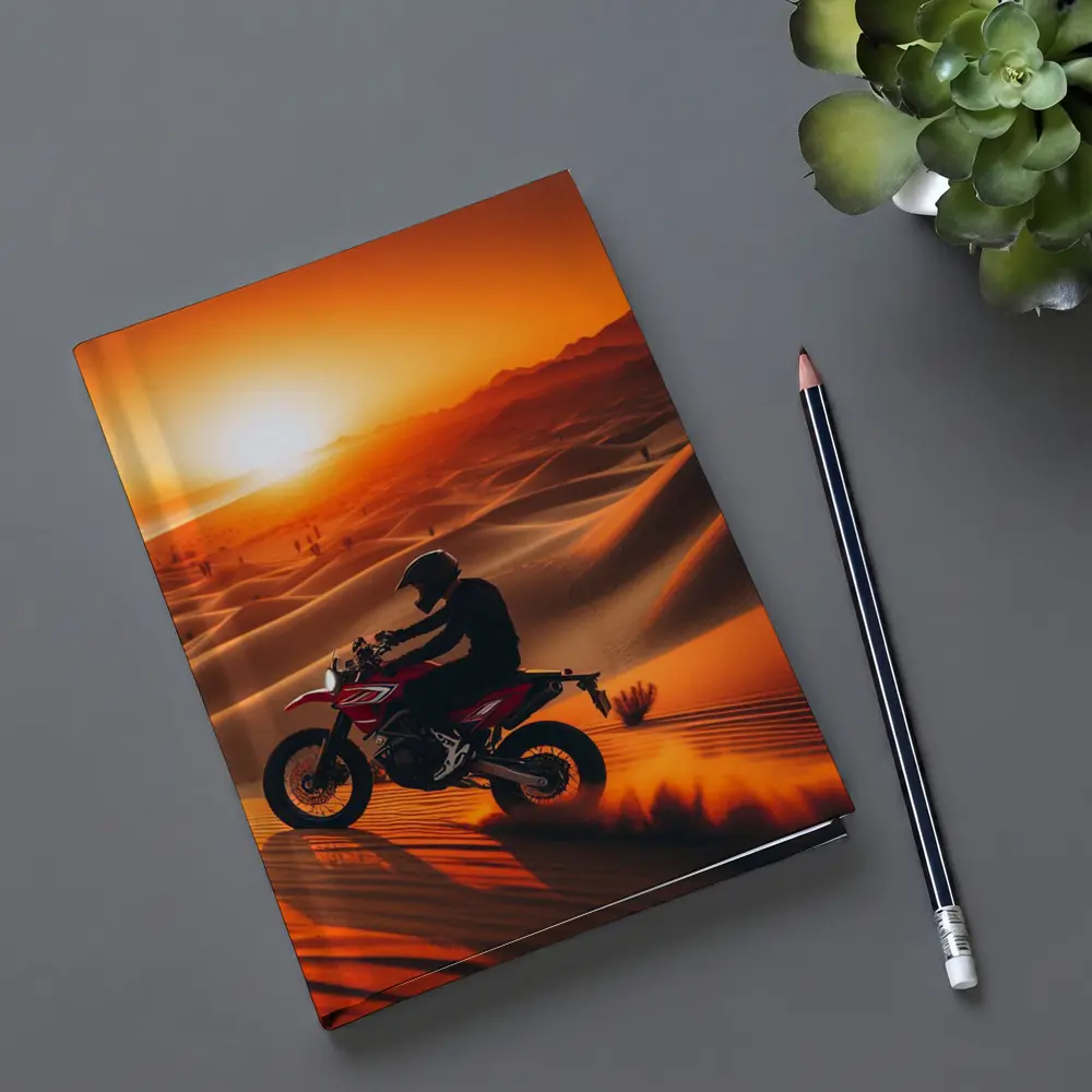 Motocross Rider Drifting Desert Sand Dunes Sunset – Notebooks