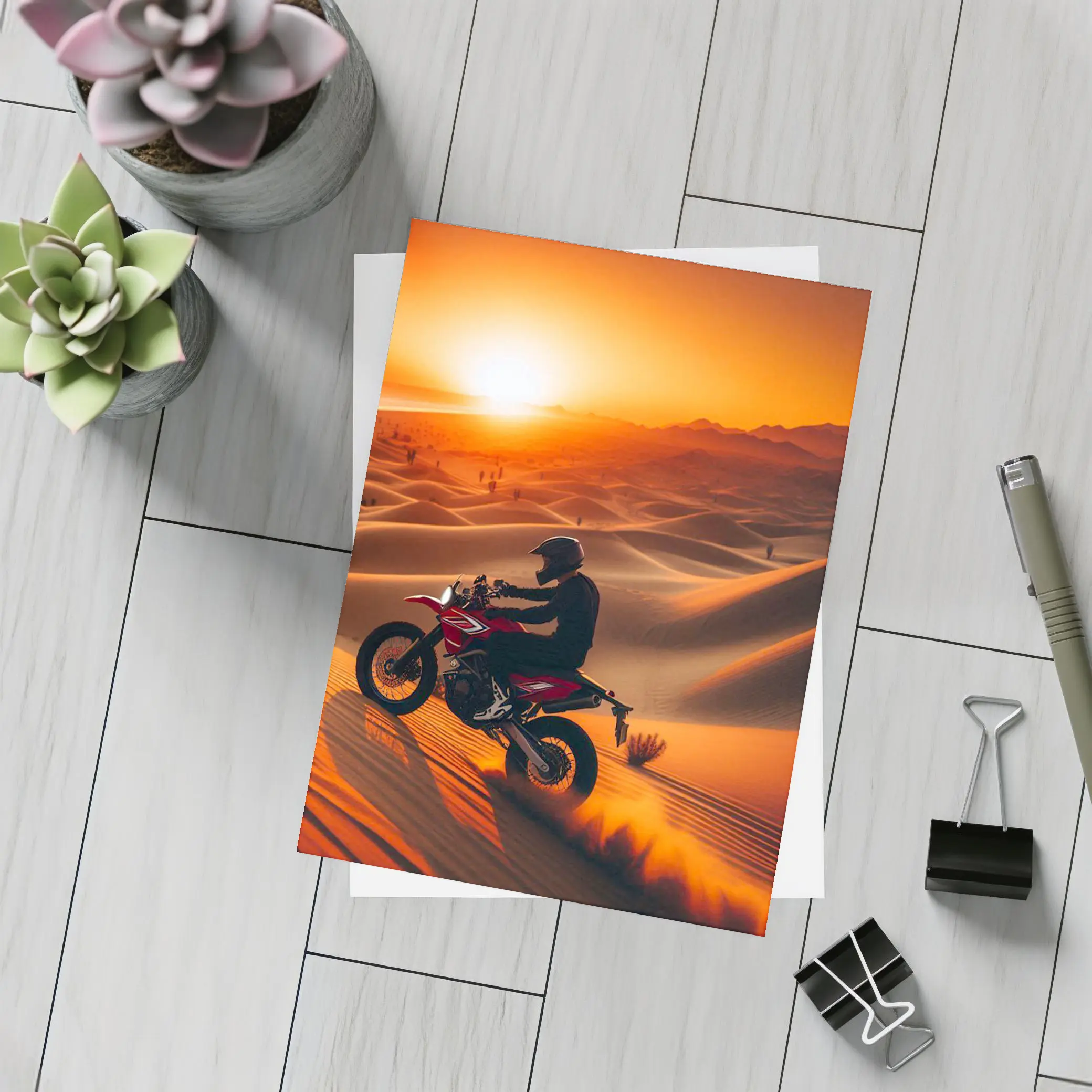Motocross Rider Drifting Desert Sand Dunes Sunset – Postcards