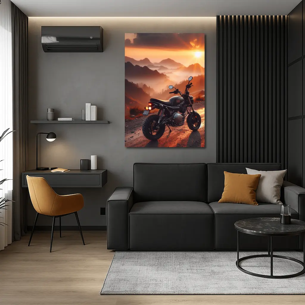 Cafe Racer Motorcycle Mountain Sunset Landscape – Wall Art