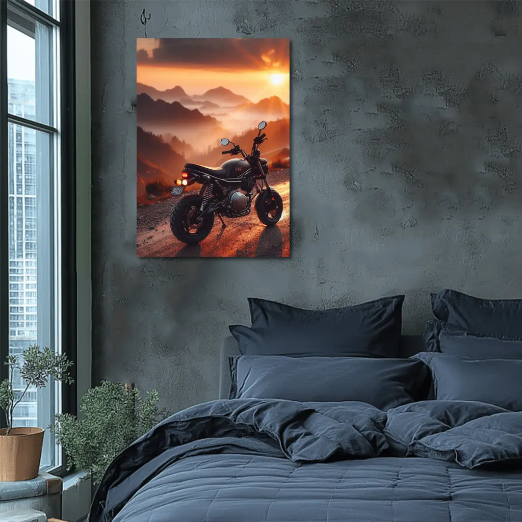 Cafe Racer Motorcycle Mountain Sunset Landscape – Wall Art