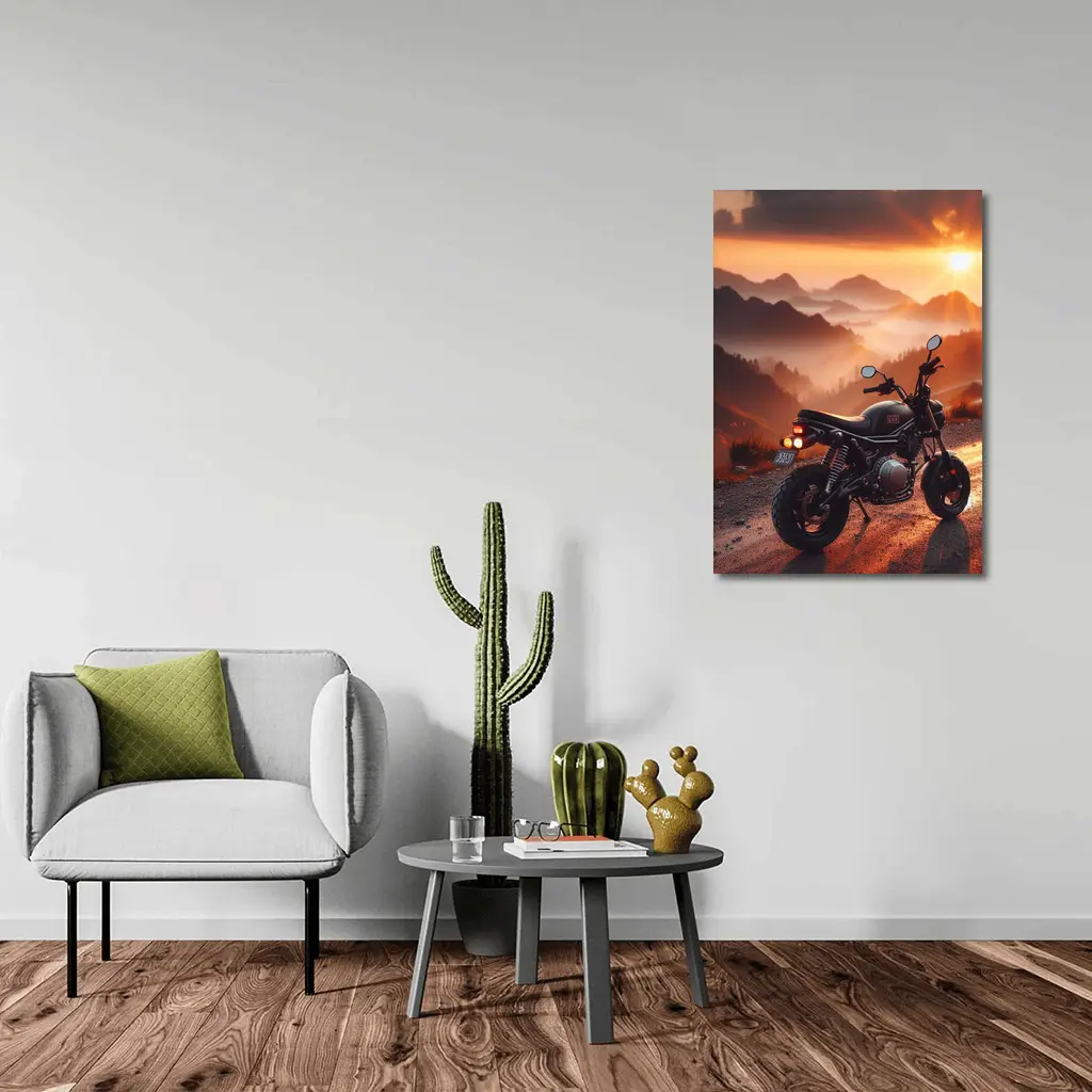 Cafe Racer Motorcycle Mountain Sunset Landscape – Wall Art