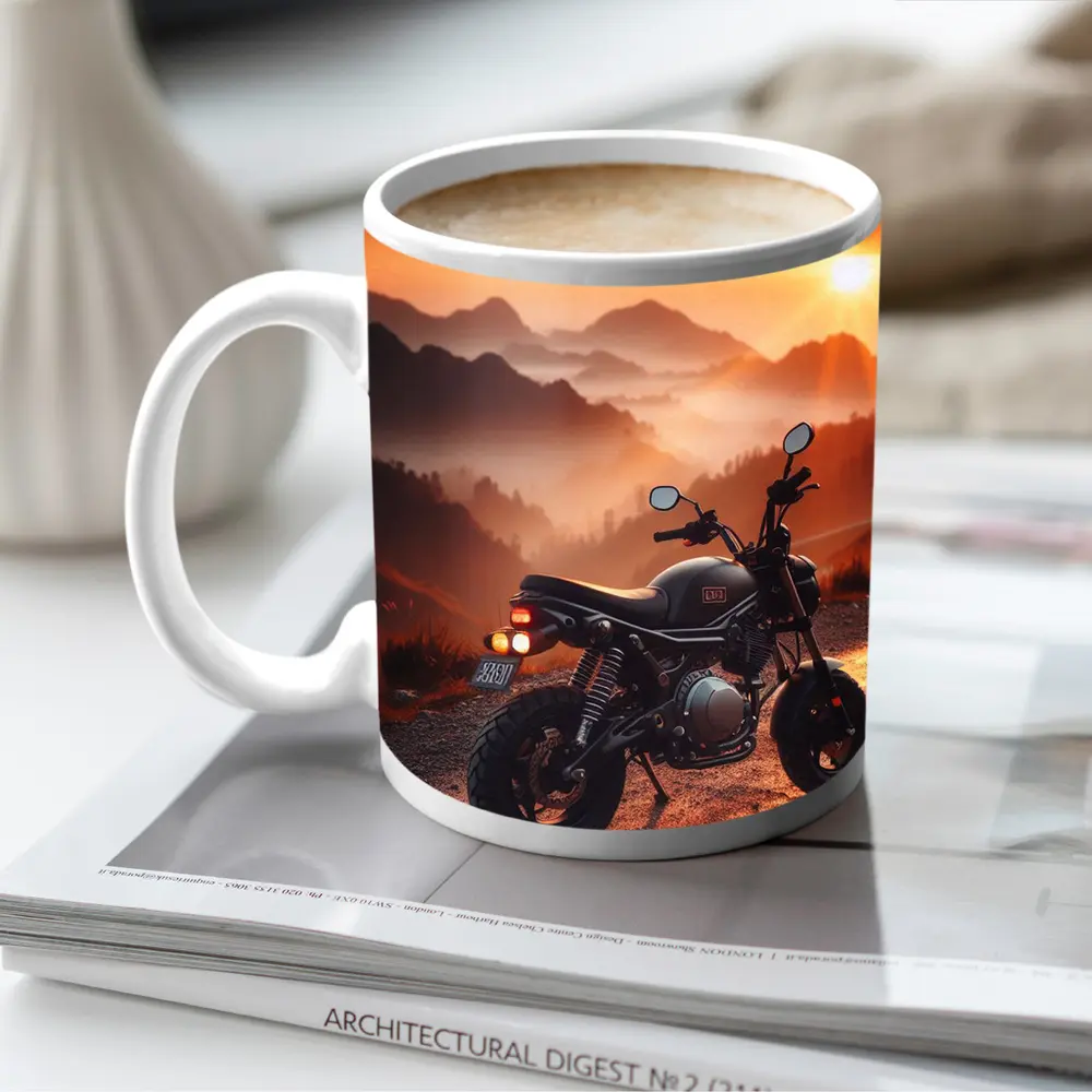 Cafe Racer Motorcycle Mountain Sunset Landscape – Mugs