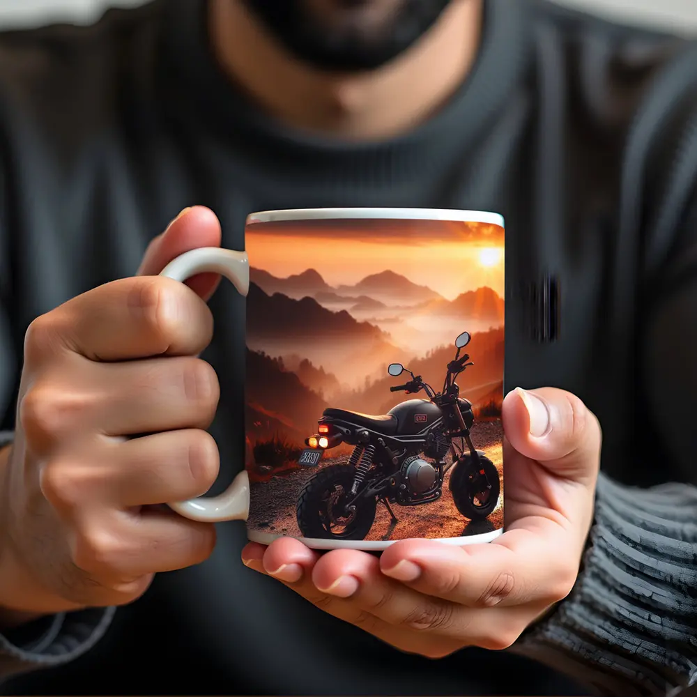 Cafe Racer Motorcycle Mountain Sunset Landscape – Mugs