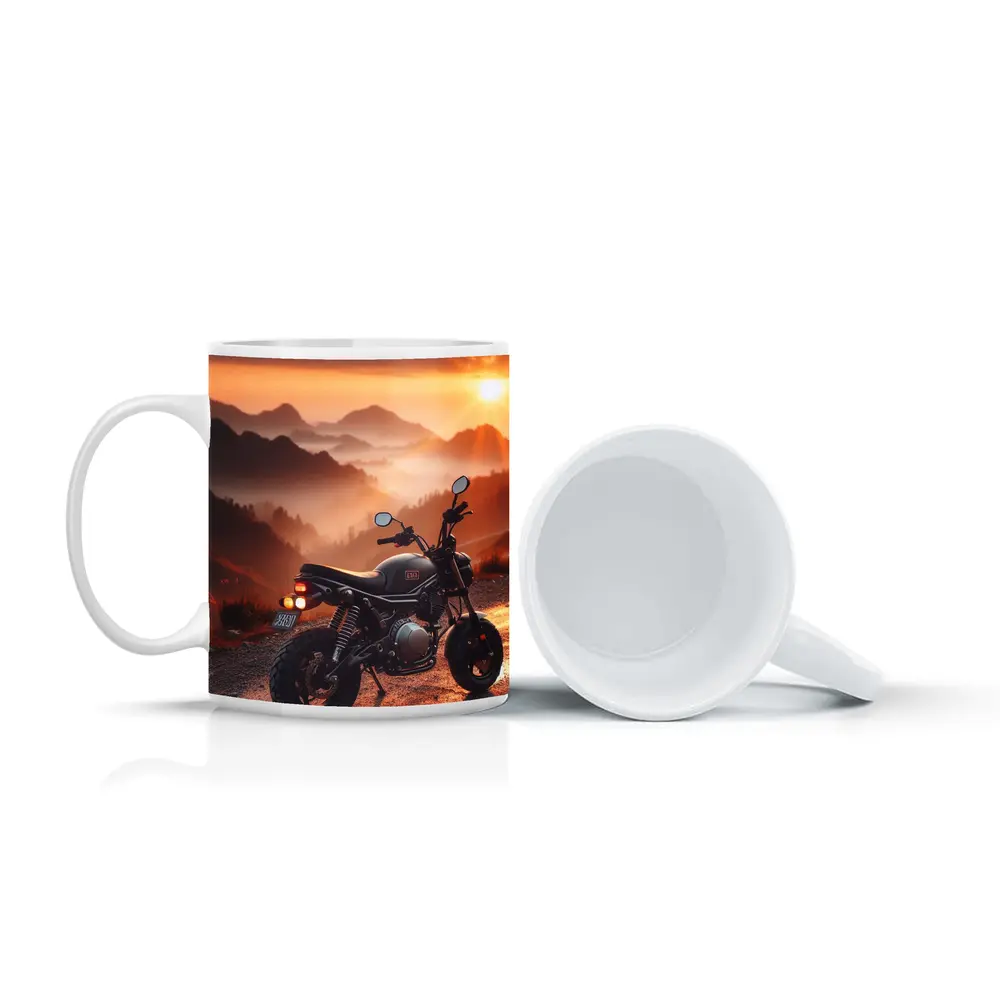 Cafe Racer Motorcycle Mountain Sunset Landscape – Mugs