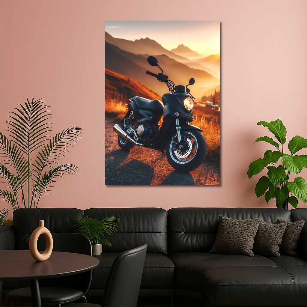 Black Motorcycle Parked Mountain Sunset Road – Wall Art