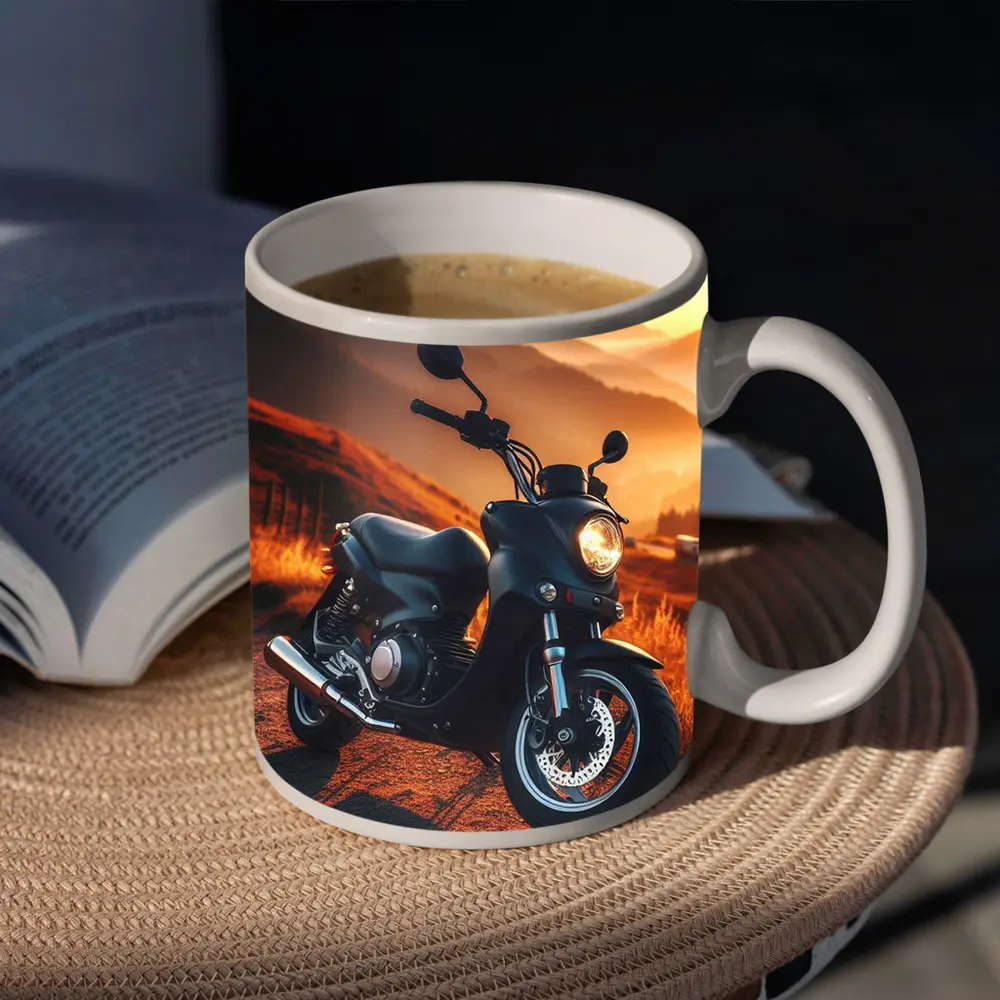 Black Motorcycle Parked Mountain Sunset Road – Mugs