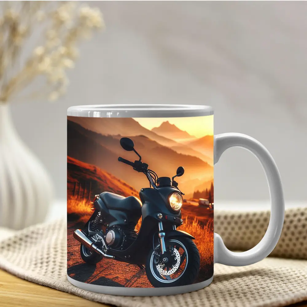 Black Motorcycle Parked Mountain Sunset Road – Mugs
