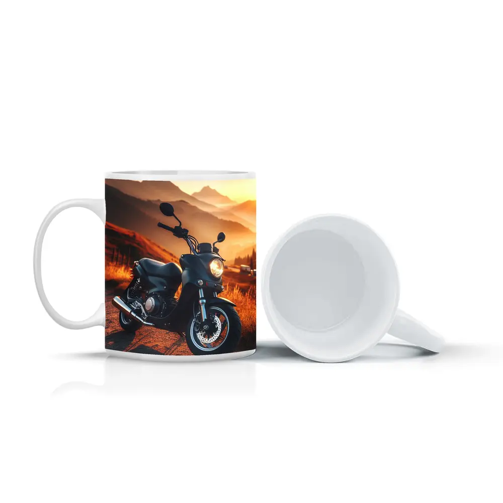 Black Motorcycle Parked Mountain Sunset Road – Mugs