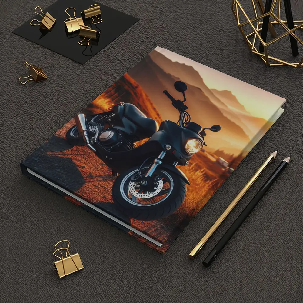 Black Motorcycle Parked Mountain Sunset Road – Notebooks