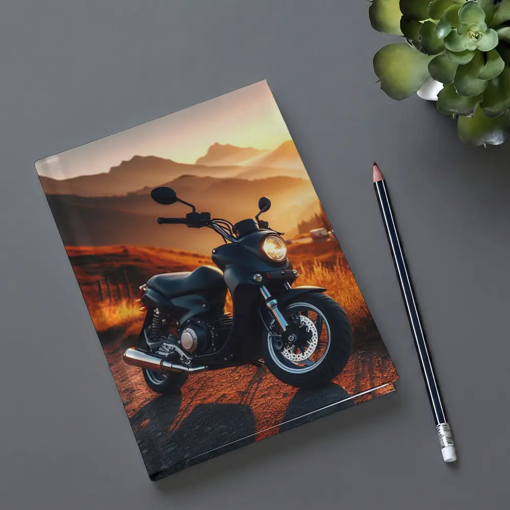 Black Motorcycle Parked Mountain Sunset Road – Notebooks