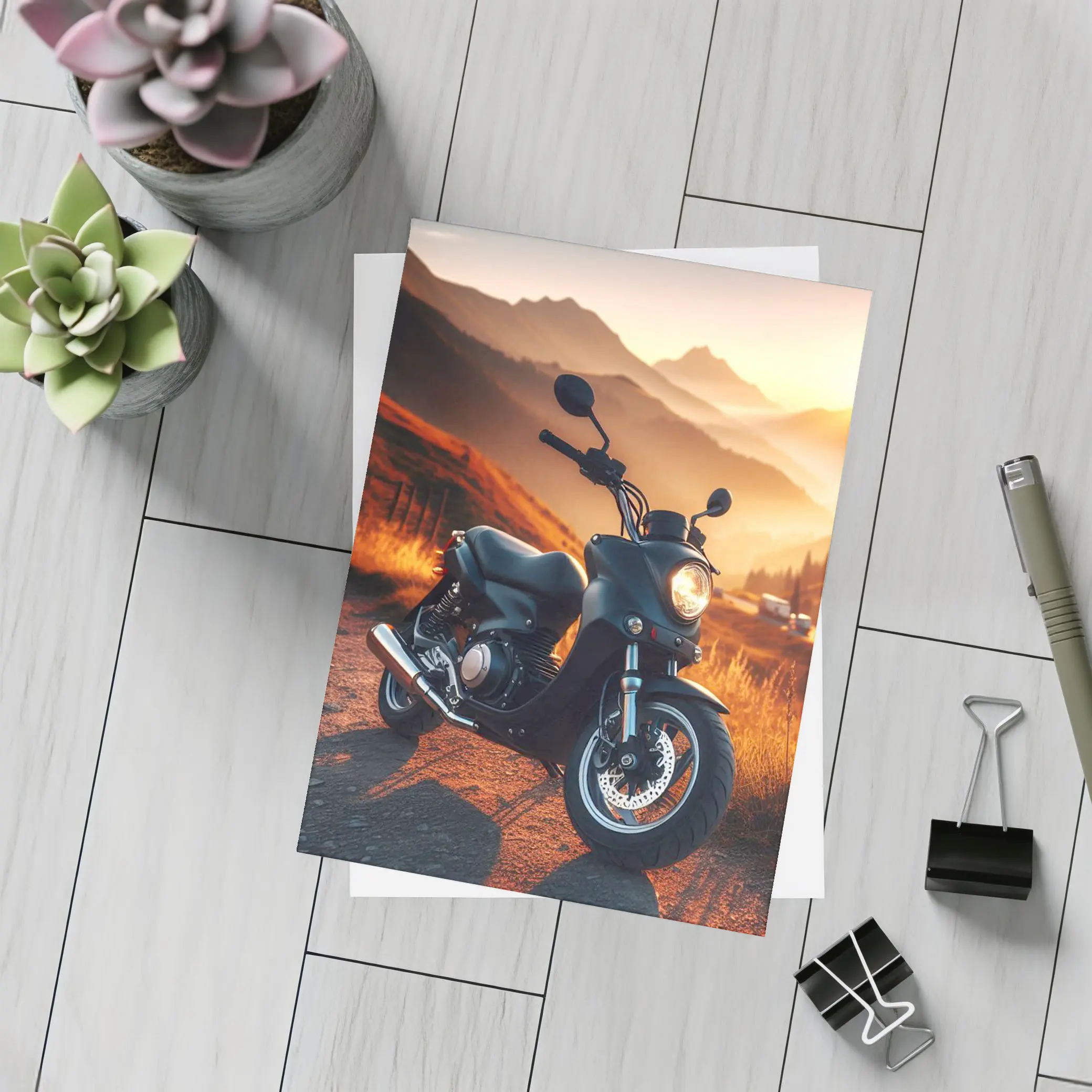 Black Motorcycle Parked Mountain Sunset Road – Postcards
