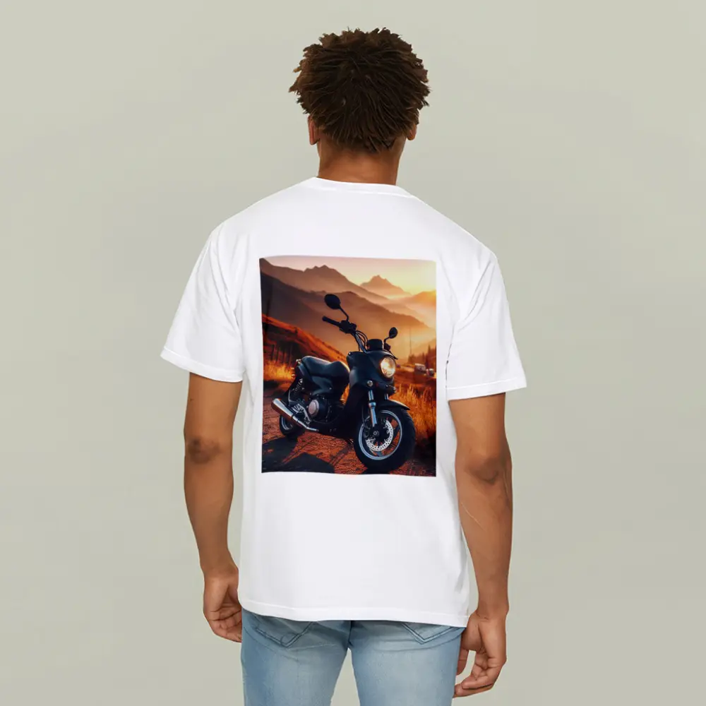 Black Motorcycle Parked Mountain Sunset Road – T-Shirts