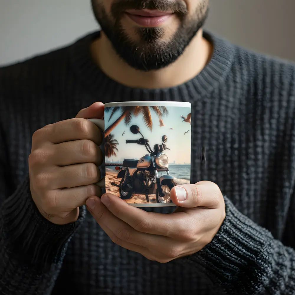 Mini Motorcycle Parked On Tropical Beach – Mugs