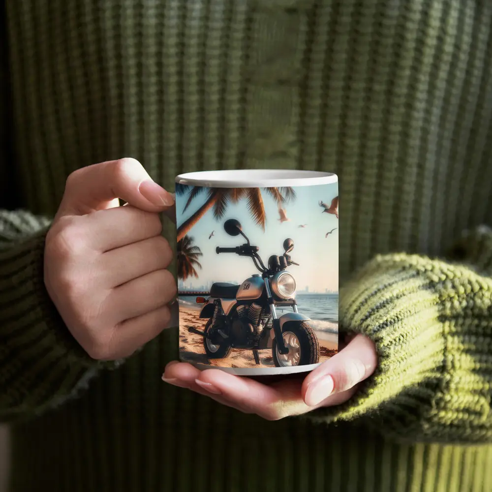 Mini Motorcycle Parked On Tropical Beach – Mugs