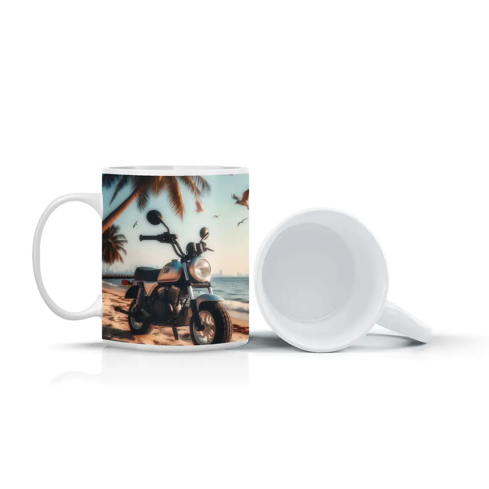 Mini Motorcycle Parked On Tropical Beach – Mugs