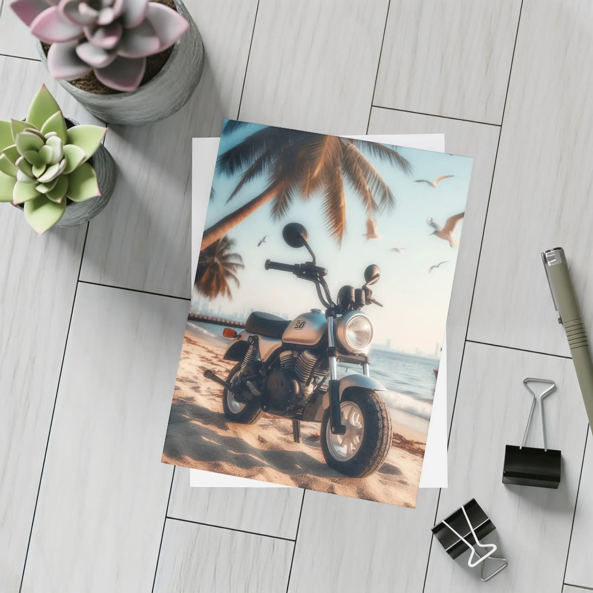 Mini Motorcycle Parked On Tropical Beach – Postcards