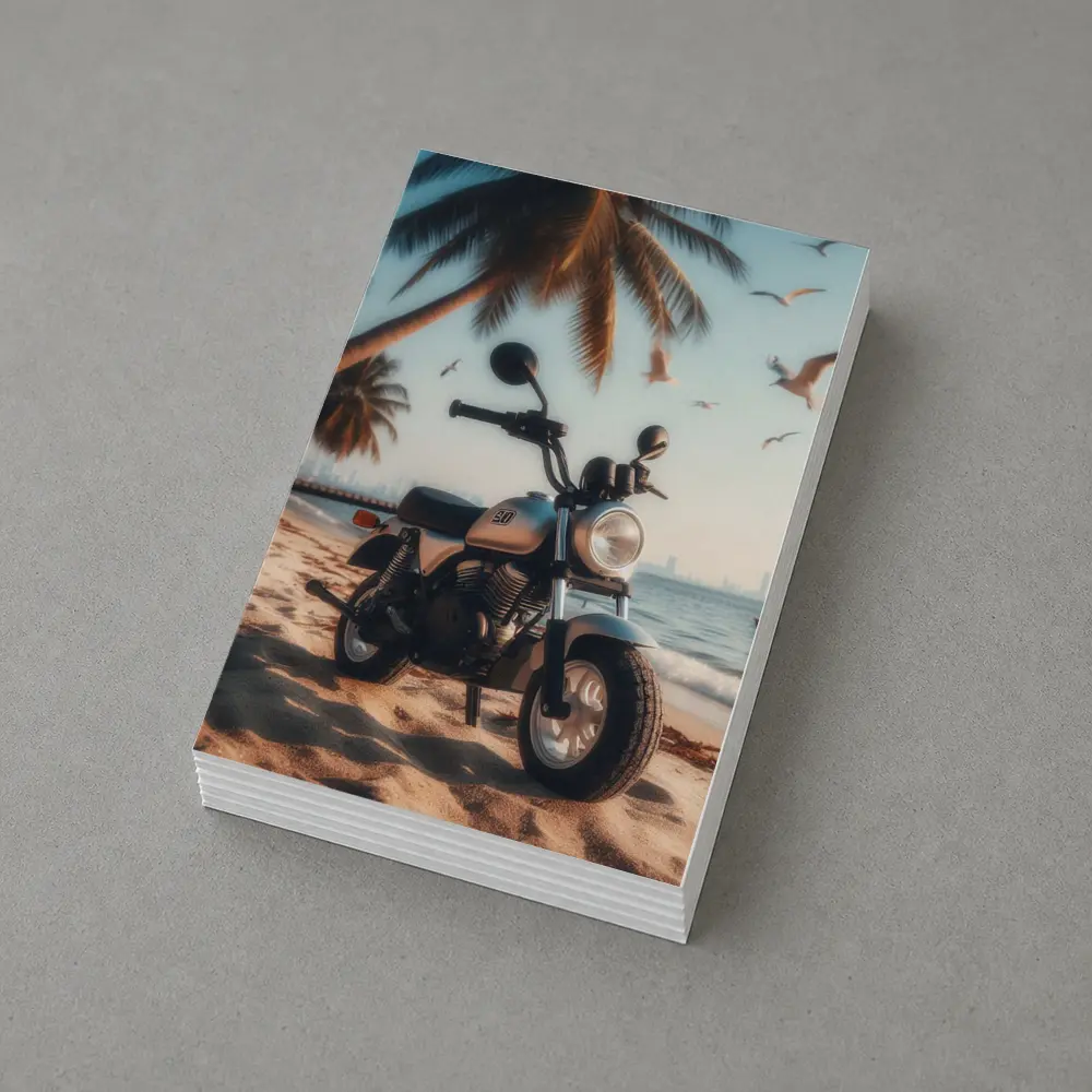 Mini Motorcycle Parked On Tropical Beach – Postcards