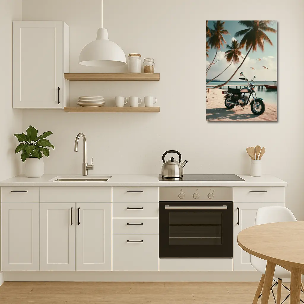 Vintage Motorcycle Parked On Tropical Beach – Wall Art