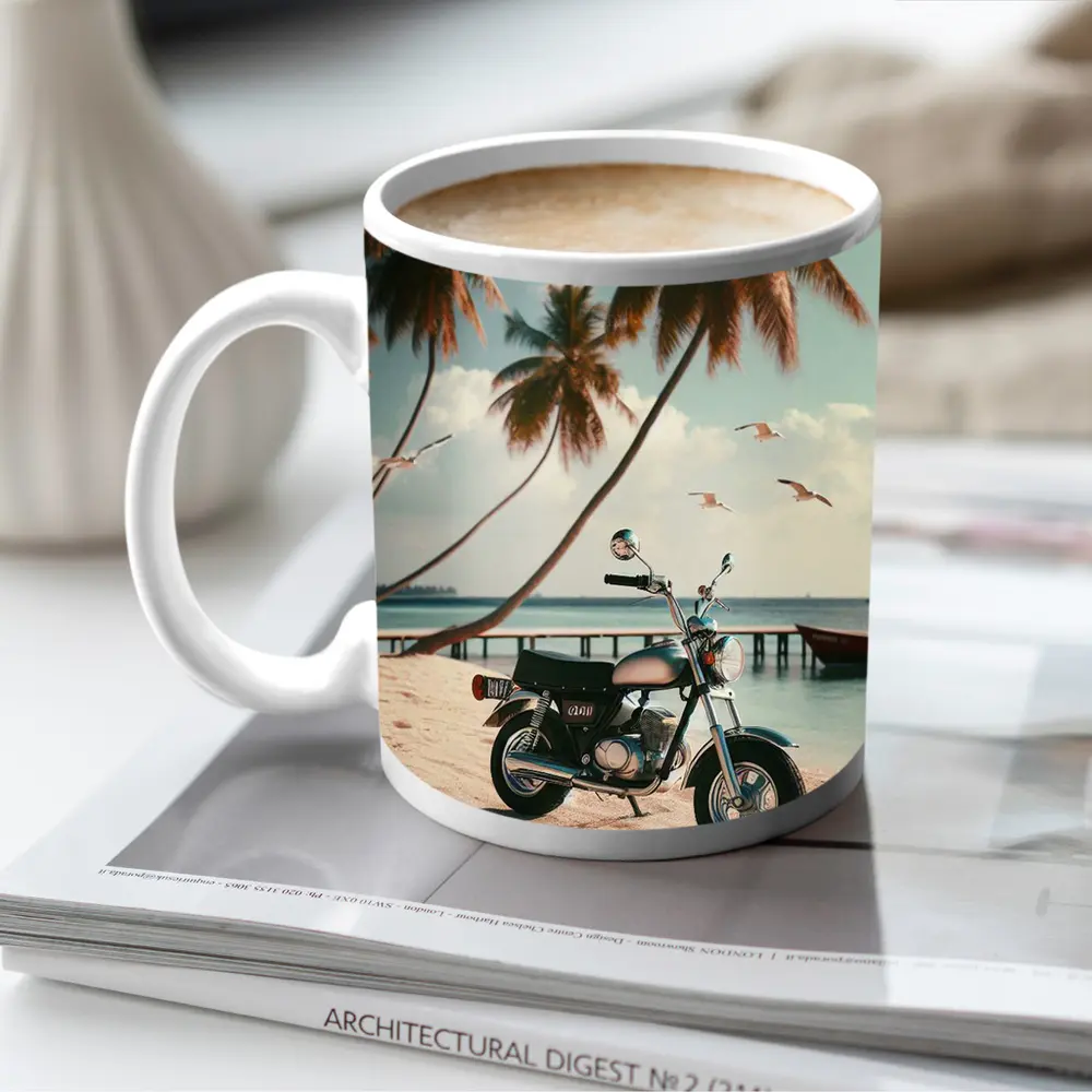 Vintage Motorcycle Parked On Tropical Beach – Mugs