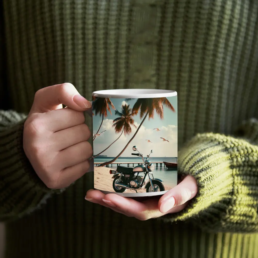 Vintage Motorcycle Parked On Tropical Beach – Mugs