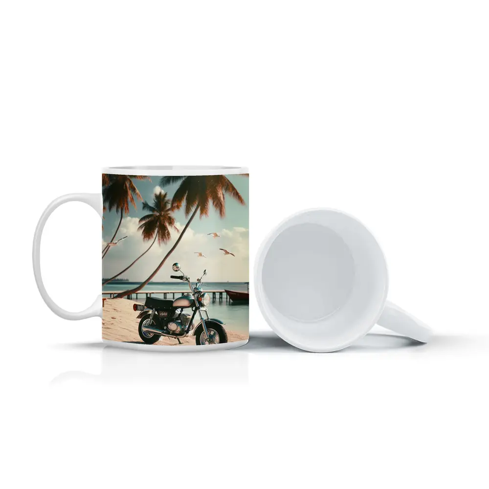 Vintage Motorcycle Parked On Tropical Beach – Mugs
