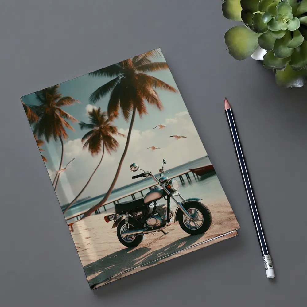 Vintage Motorcycle Parked On Tropical Beach – Notebooks