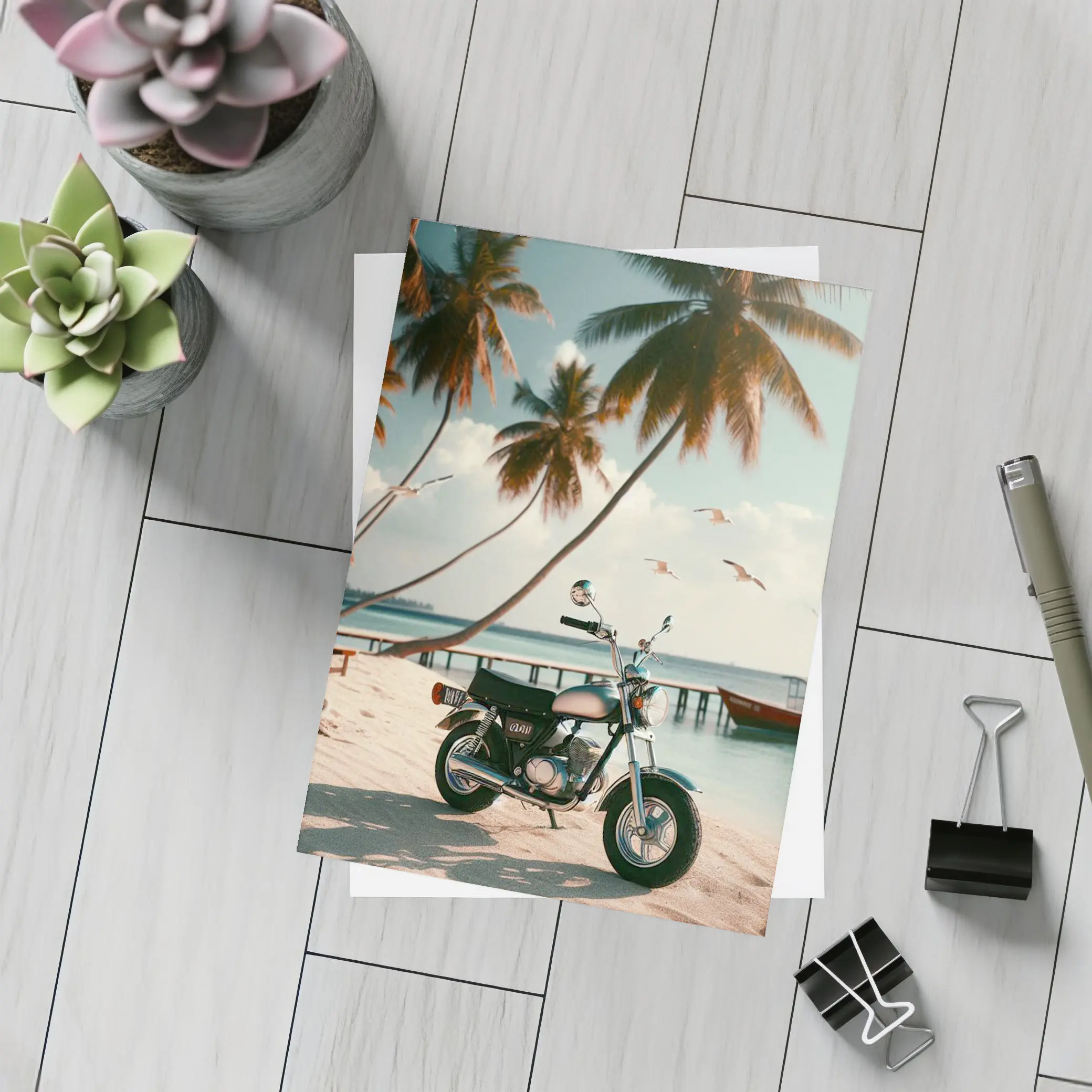 Vintage Motorcycle Parked On Tropical Beach – Postcards