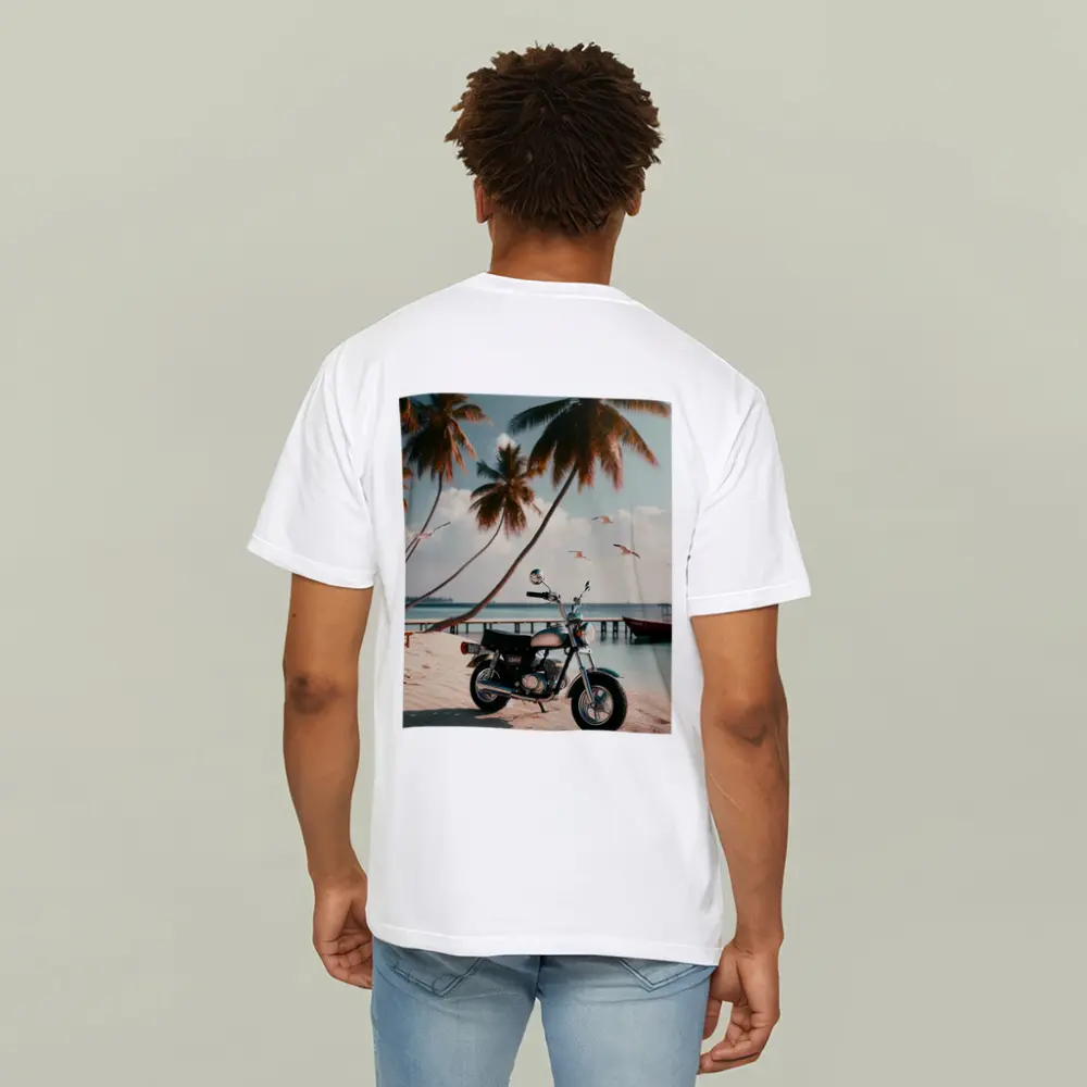 Vintage Motorcycle Parked On Tropical Beach – T-Shirts