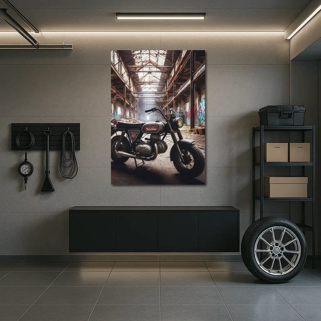 Vintage Minibike Parked Inside Abandoned Factory – Wall Art