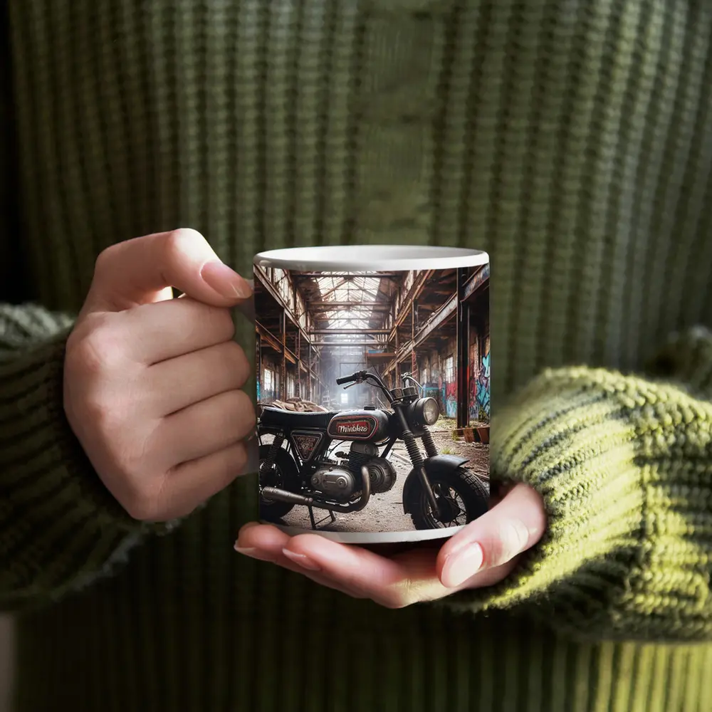 Vintage Minibike Parked Inside Abandoned Factory – Mugs