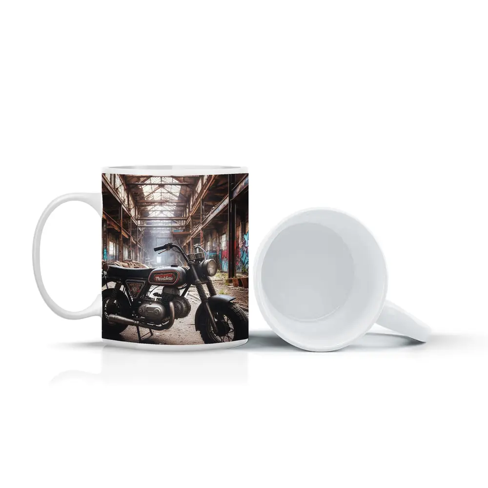 Vintage Minibike Parked Inside Abandoned Factory – Mugs