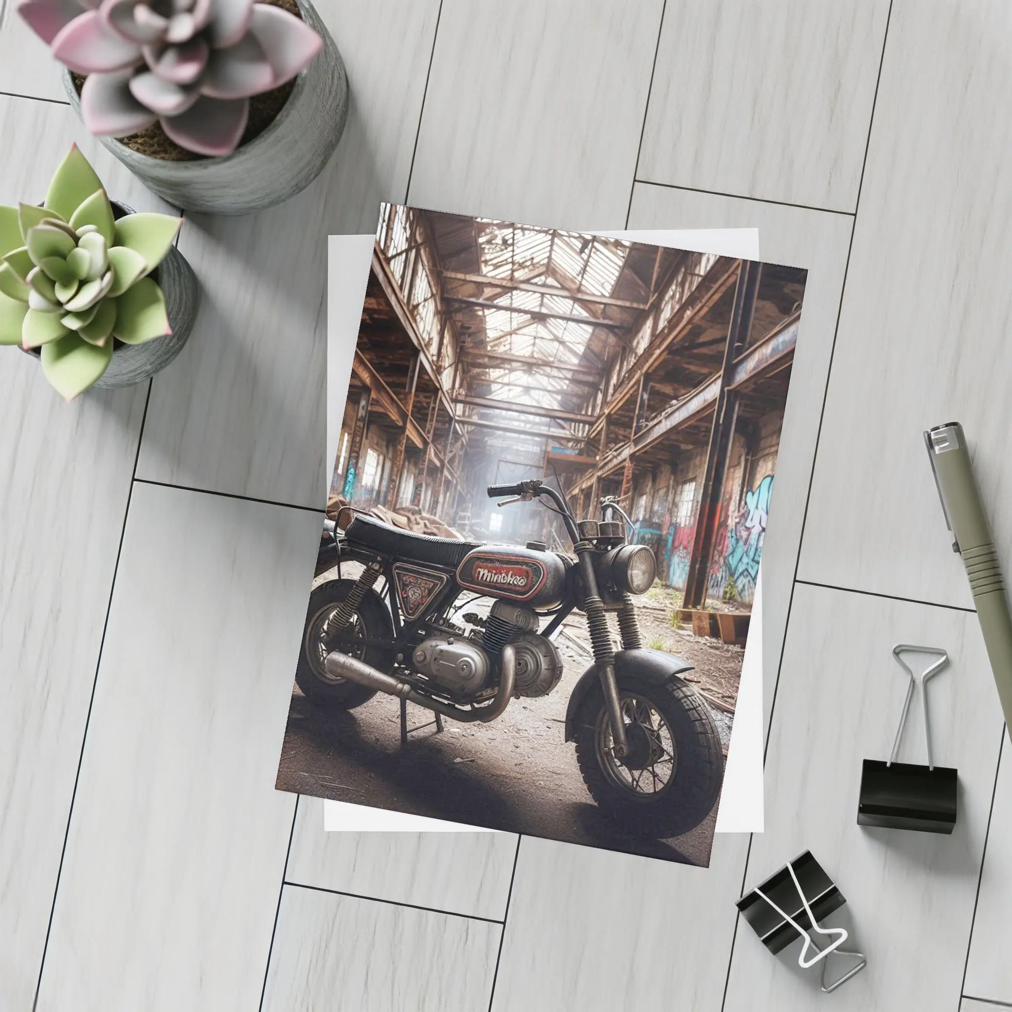 Vintage Minibike Parked Inside Abandoned Factory – Postcards