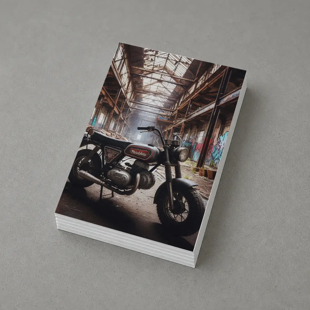 Vintage Minibike Parked Inside Abandoned Factory – Postcards