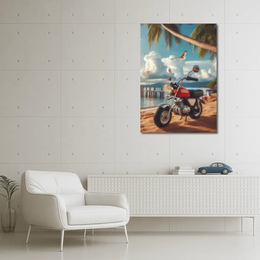 Retro Red Motorcycle Parked On Tropical Beach – Wall Art