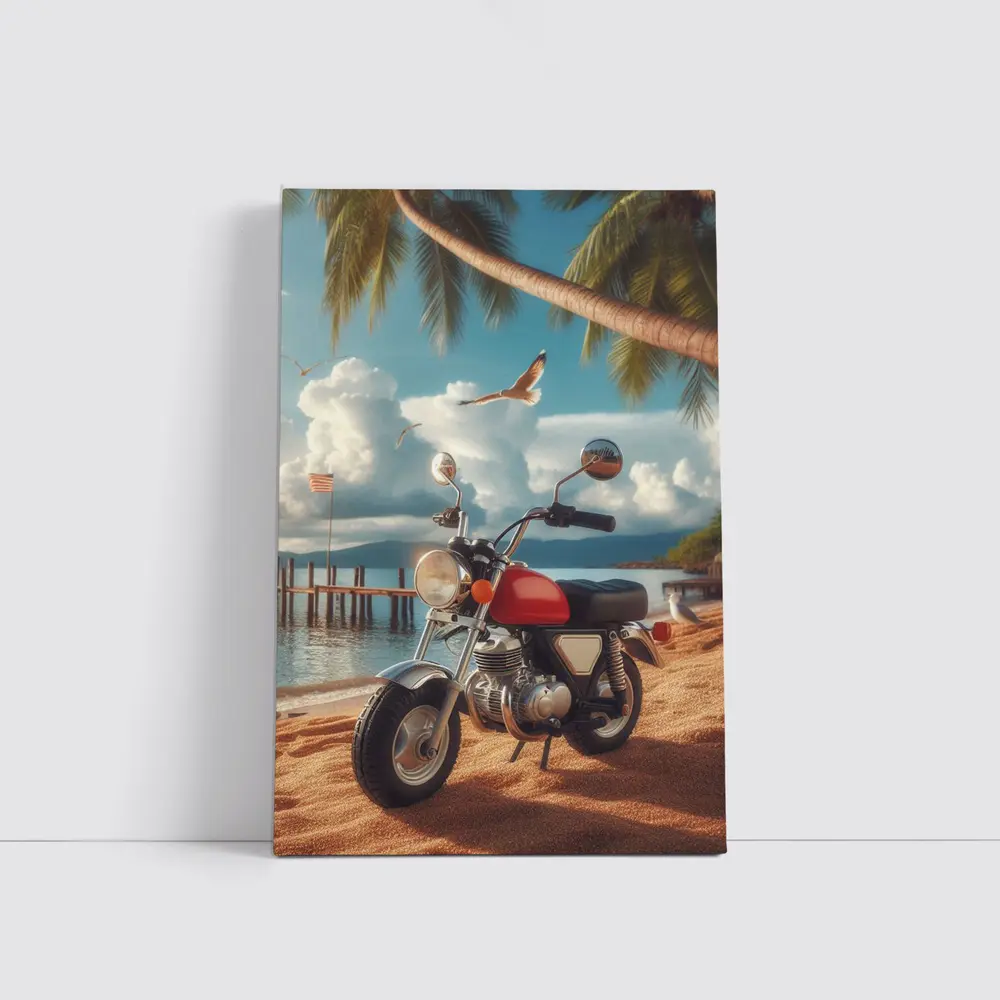 Retro Red Motorcycle Parked On Tropical Beach – Wall Art