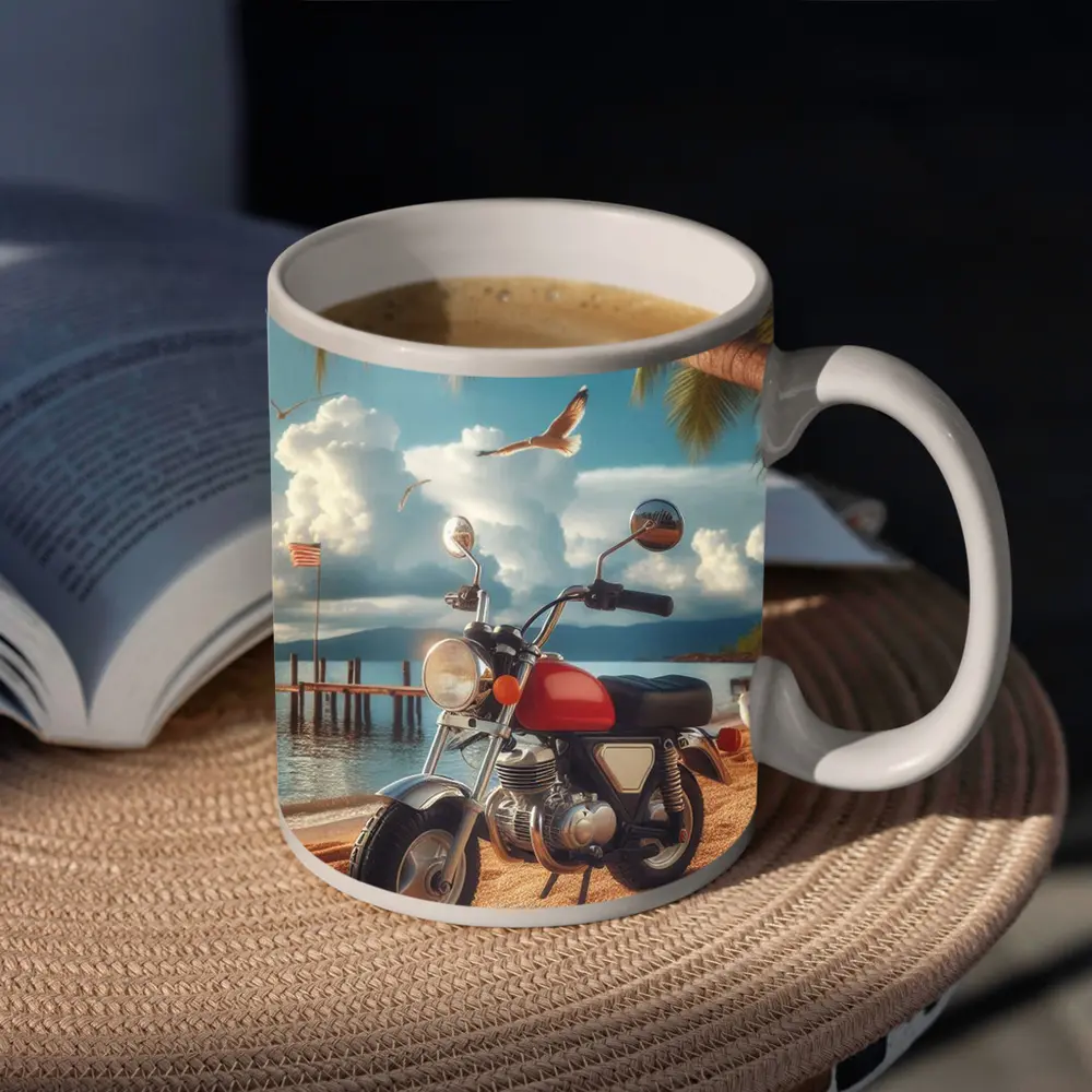 Retro Red Motorcycle Parked On Tropical Beach – Mugs