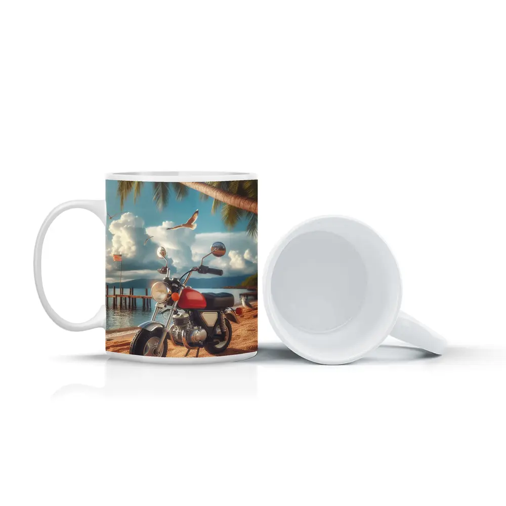 Retro Red Motorcycle Parked On Tropical Beach – Mugs