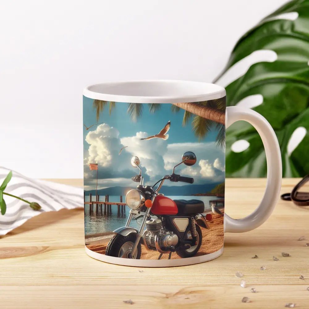 Retro Red Motorcycle Parked On Tropical Beach – Mugs