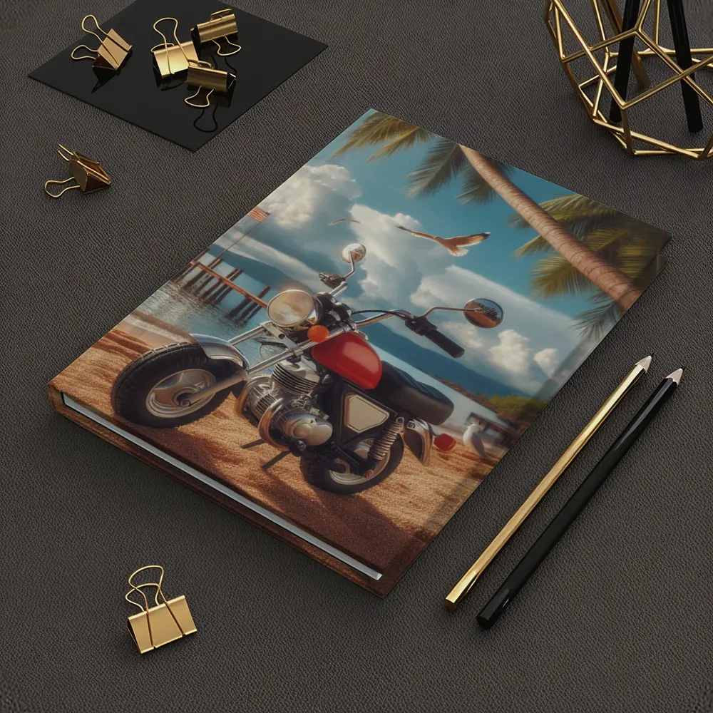 Retro Red Motorcycle Parked On Tropical Beach – Notebooks