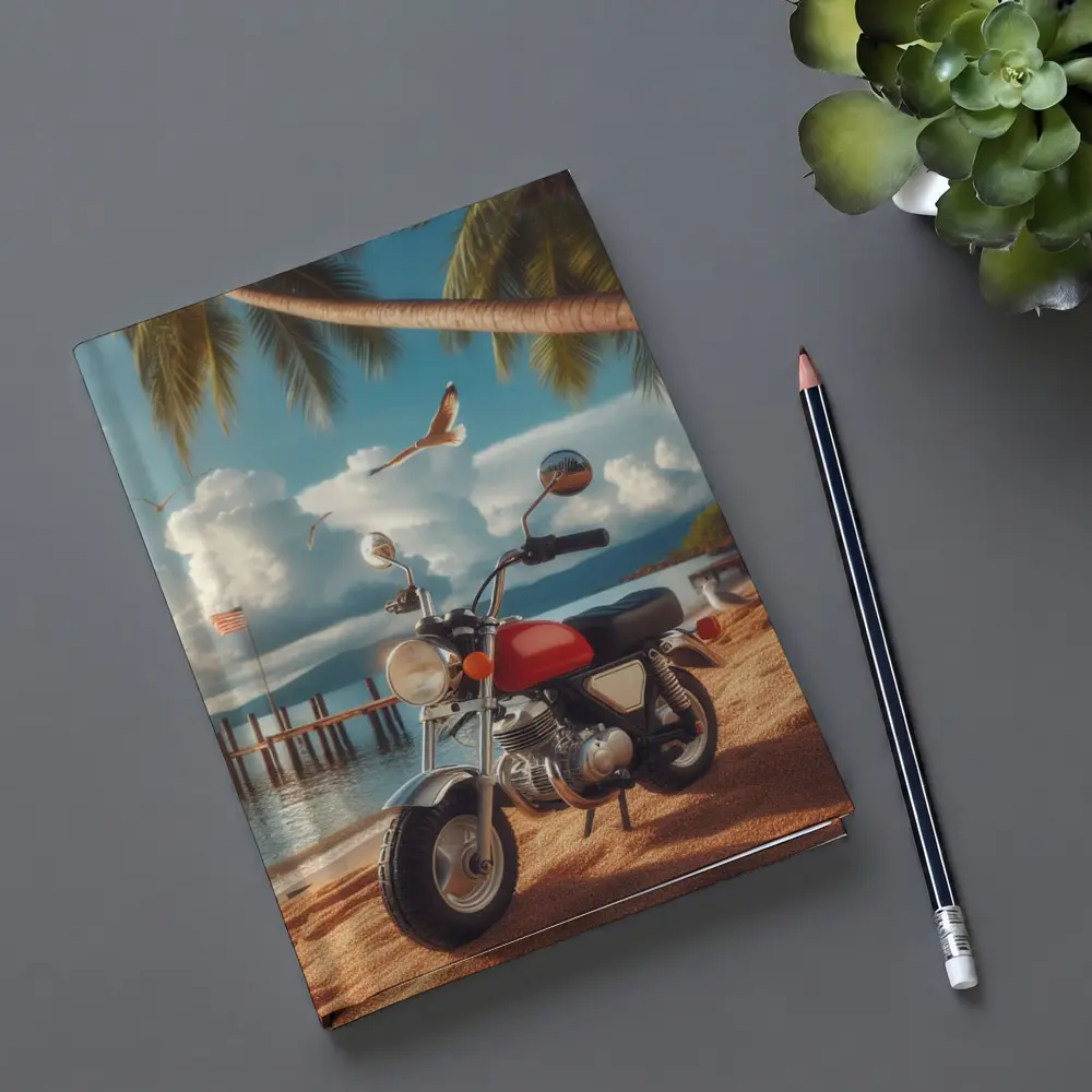 Retro Red Motorcycle Parked On Tropical Beach – Notebooks